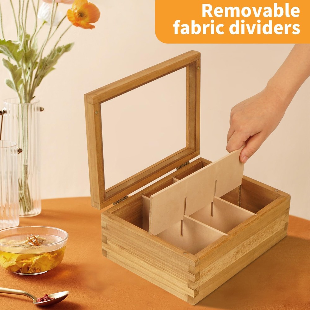 Wood Tea Bag Organizer, 6 Compartment Multi-Functional Box, Storage Container