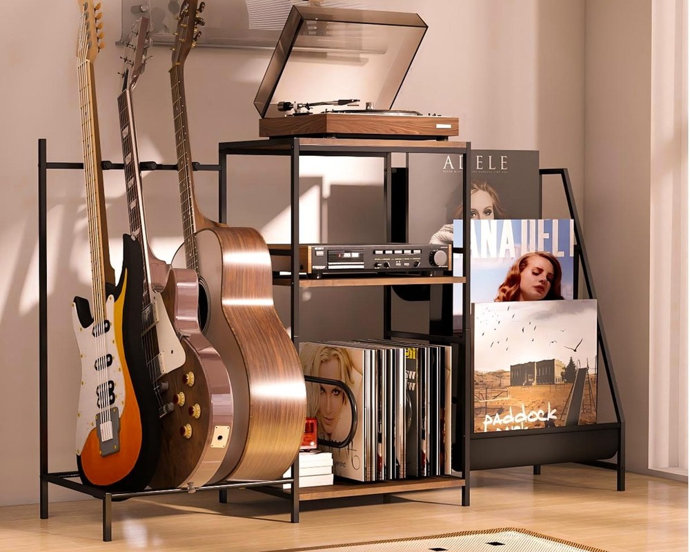 Multi-Guitar Stand & Record Player Stand with Storage Shelf, 3-in-1 Adjustabl...