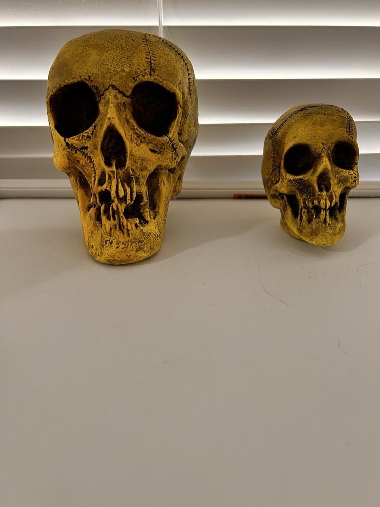 2 EA.RANDOTTI ORIGINAL FLUORESCENT YELLOW LARGE & MEDIUM SKULLS STILL GLOW