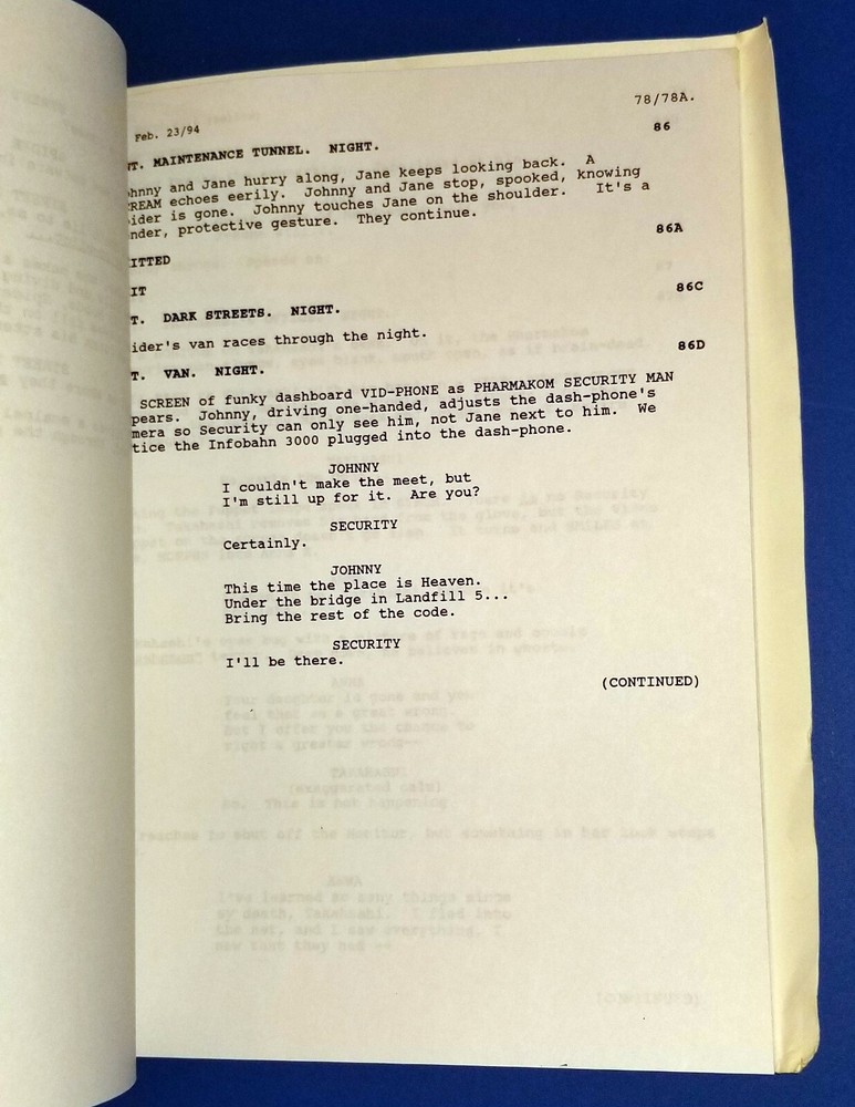 JOHNNY MNEMONIC original script KEANU REEVES DOLPH LUNDGREN sci fi DNA MEYER 95