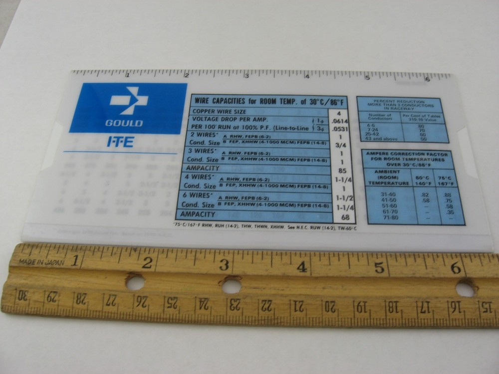 Vintage 1978 Gould ITE Wire Capacity Pocket Guide Electrical Reference Ruler
