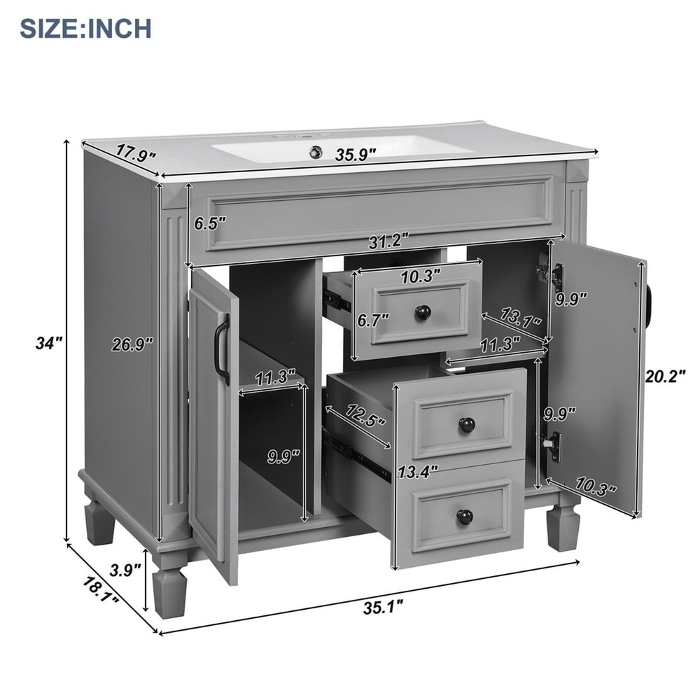 Stylish 36'' Bathroom Vanity with Single Sink, Functional Soft-Closing Storage,