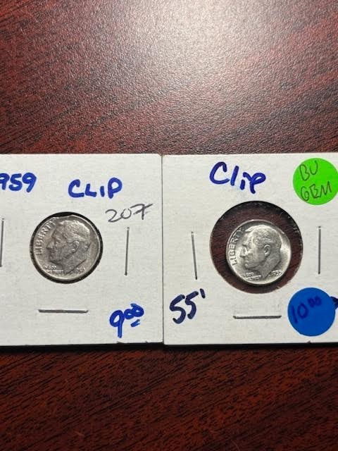 1955 & 1959 Roosevelt Dime -  SILVER -CLIPPED - ERROR!
