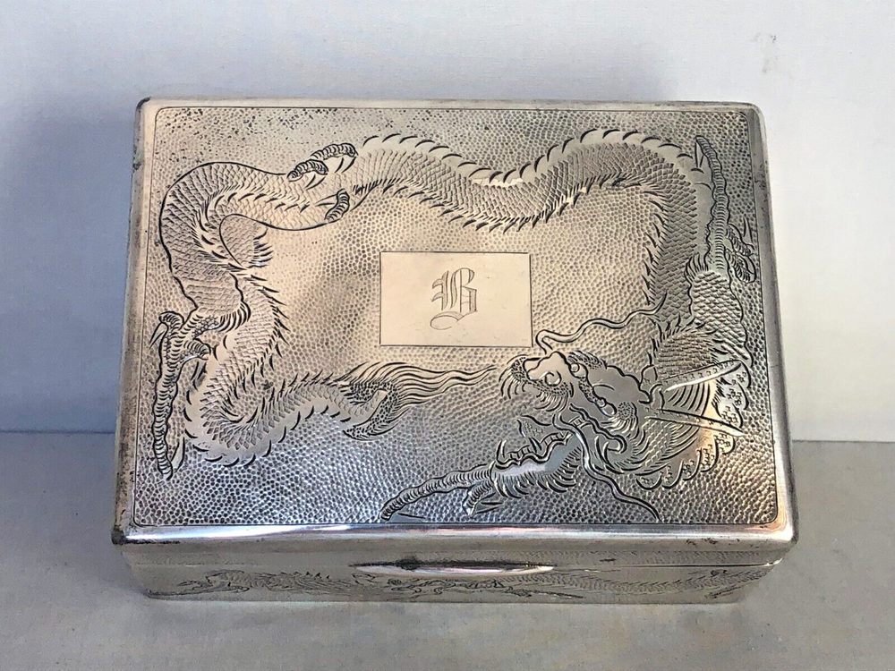 Antique Signed Chinese Sterling Silver Hand Engraved with Dragons Hinged Box.