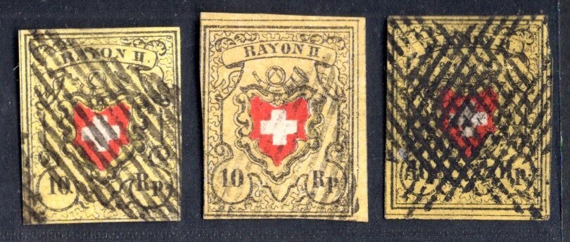 SWITZERLAND 1850 WITHOUT FRAME AROUND CROSS SCOTT #8 - 3 DIFFERENT COLORS