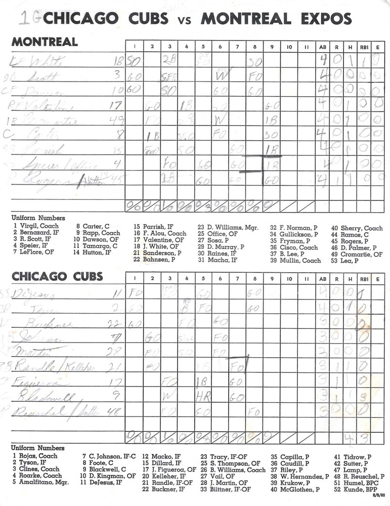1980 Chicago Cubs Program & Scorecard - Versus Expos - Scored
