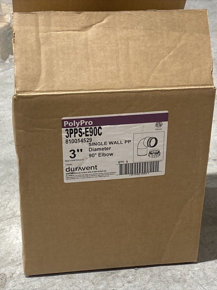 Duravent PolyPro 3PPS-E90C 3” Single Wall PP 90-degree Elbow Qty:6 New