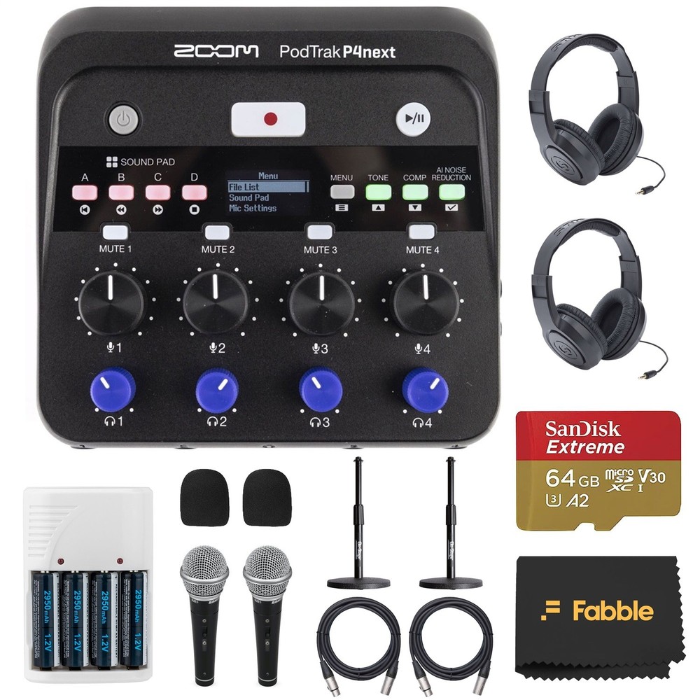 Zoom PodTrak P4next Portable Multitrack Podcast Recorder Bundle