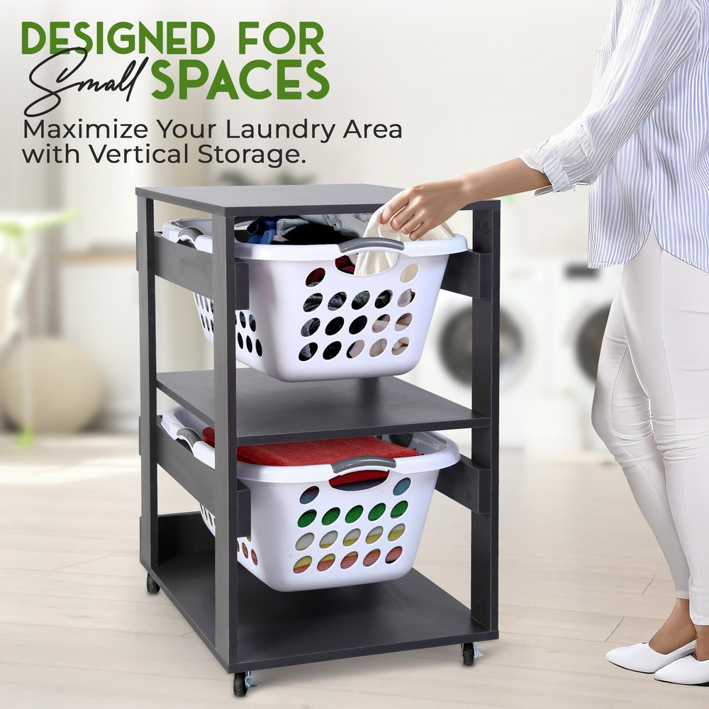 Laundry Basket Holder Shelf (2-Tier) - Stackable Engineered Wood Laundry Towe...