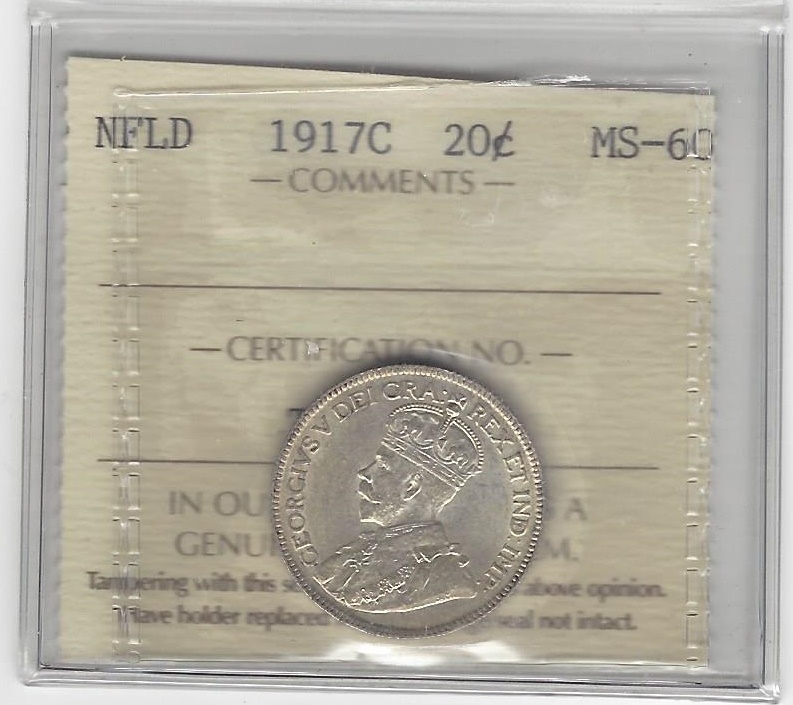 1917c ICCS Graded Newfoundland ¢25 Cent **MS-60**(Marked ¢20 on holder)