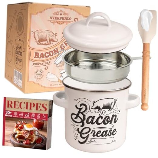 Bacon Grease Container with Strainer - 46OZ Large Capacity, With 46oz White