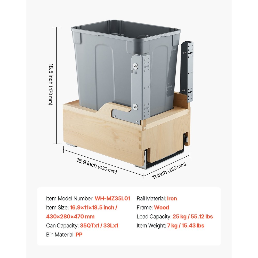 35QT Pullout Waste Container Under Cabinet Kitchen Bin Trash Can Soft