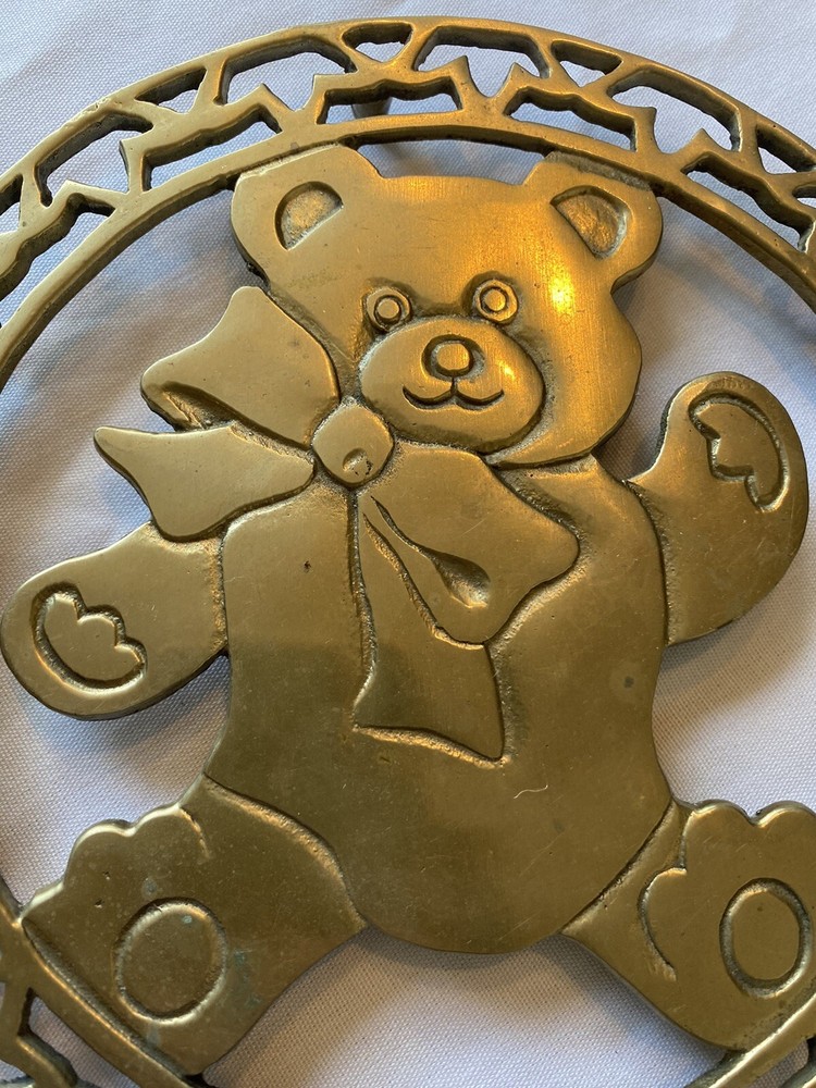 2 Vintage Solid Brass Trivets Footed Teddy Bears Gold Hanging Countertop