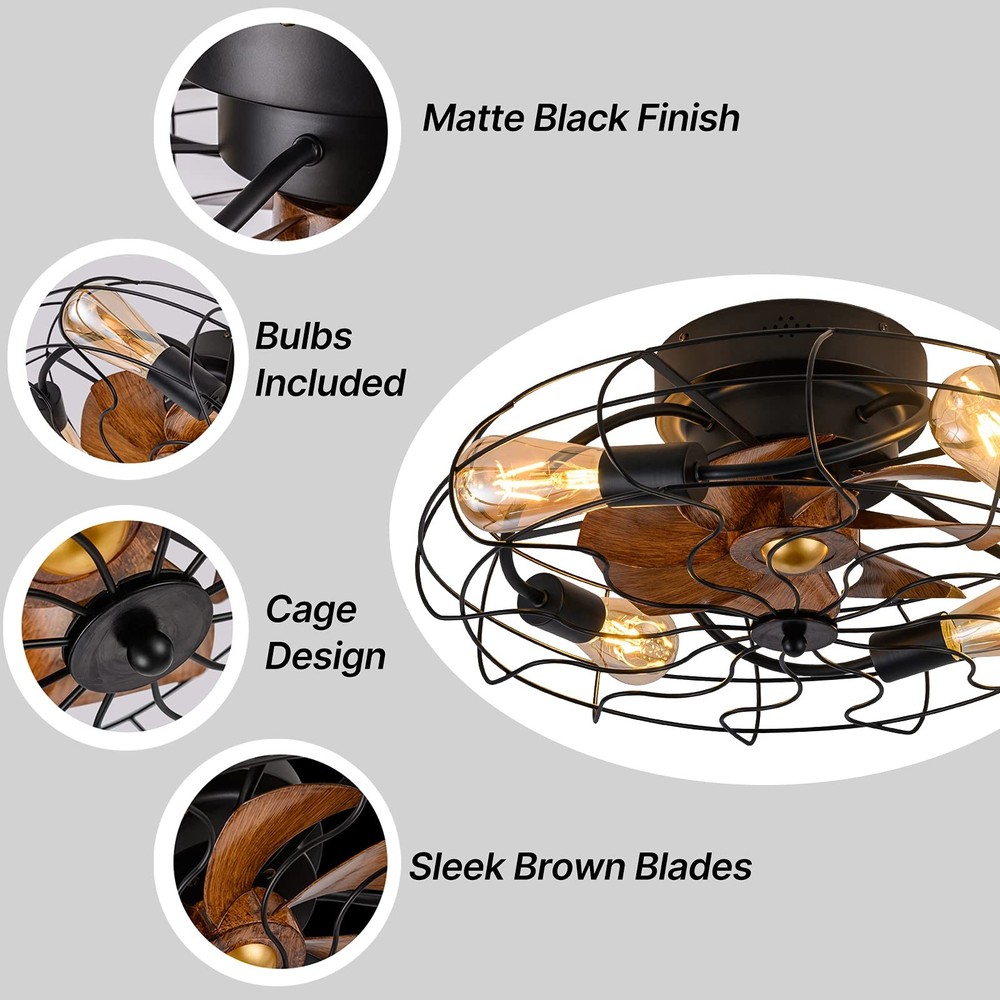 21" Low Profile Caged Ceiling Fan with Lights Remote Control, Include Bulbs, ...