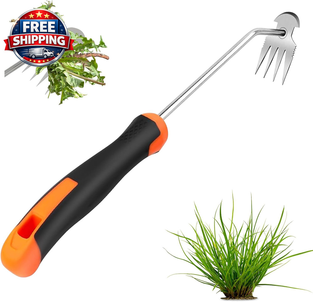 Weed Puller Tool, 2-In-1 Hand Weeder Tool with 4 Sharp Tines & Blade, Manganese