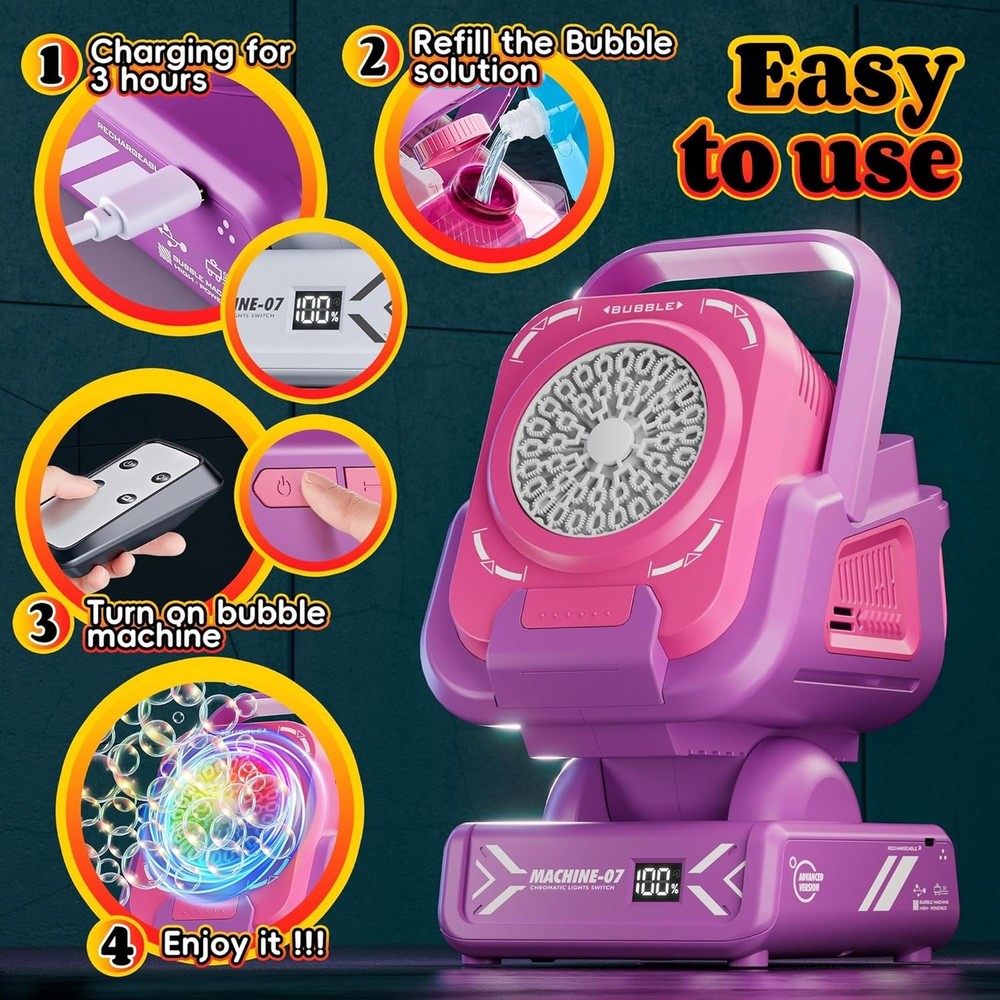 2025 Upgraded Bubble Machine with Remote Control Automatic Rotation & RGB Lig...