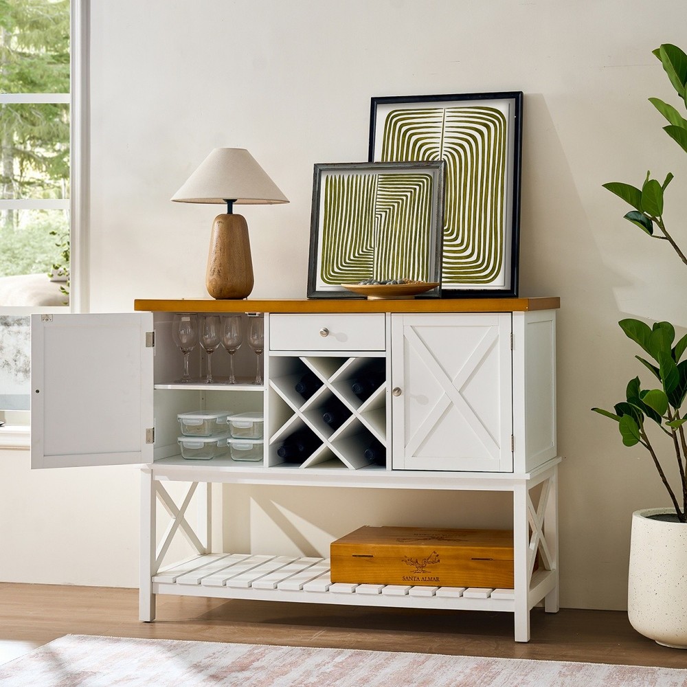 Bar cabinet Console Table with 2-Door Cabinet & 1 Drawers, White