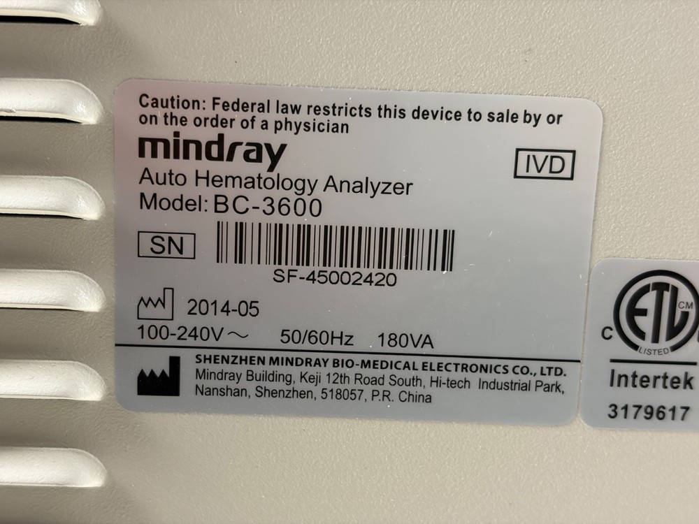 NO TARIFF Mindray BC-3600 Hematology Analyzer 3-Part Differential Blood Analyzer
