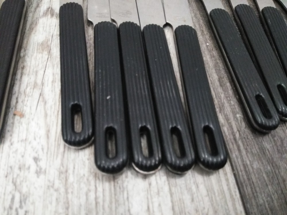 Vtg MCM Modern Flatware BLACK Plastic Handles Square Style MIC Stainless 16-PCS