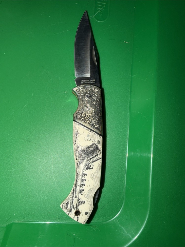 Vintage Sam McDowell Folding Knife Scrimshaw Bone Handle