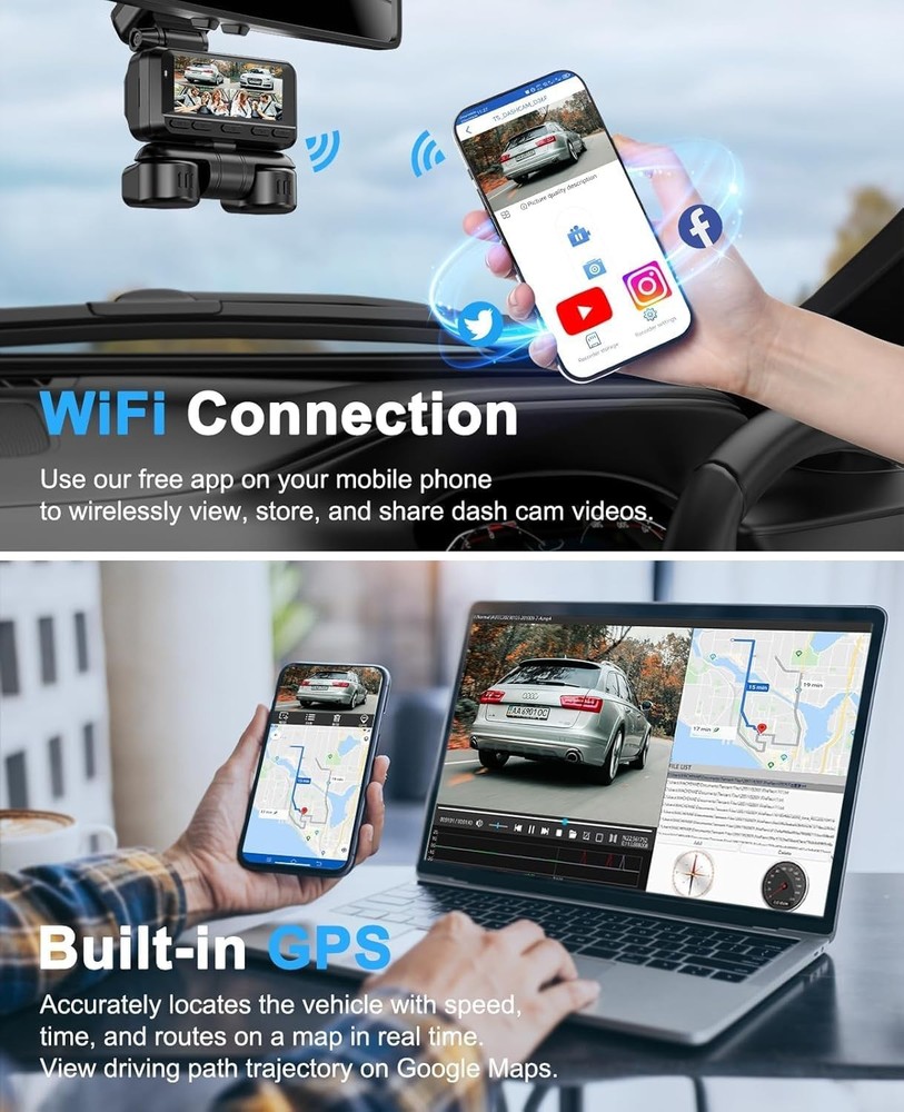 Dash Cam 4 Channel 360° Front Rear Inside DashCam 3.18” IPS Screen WDR Night