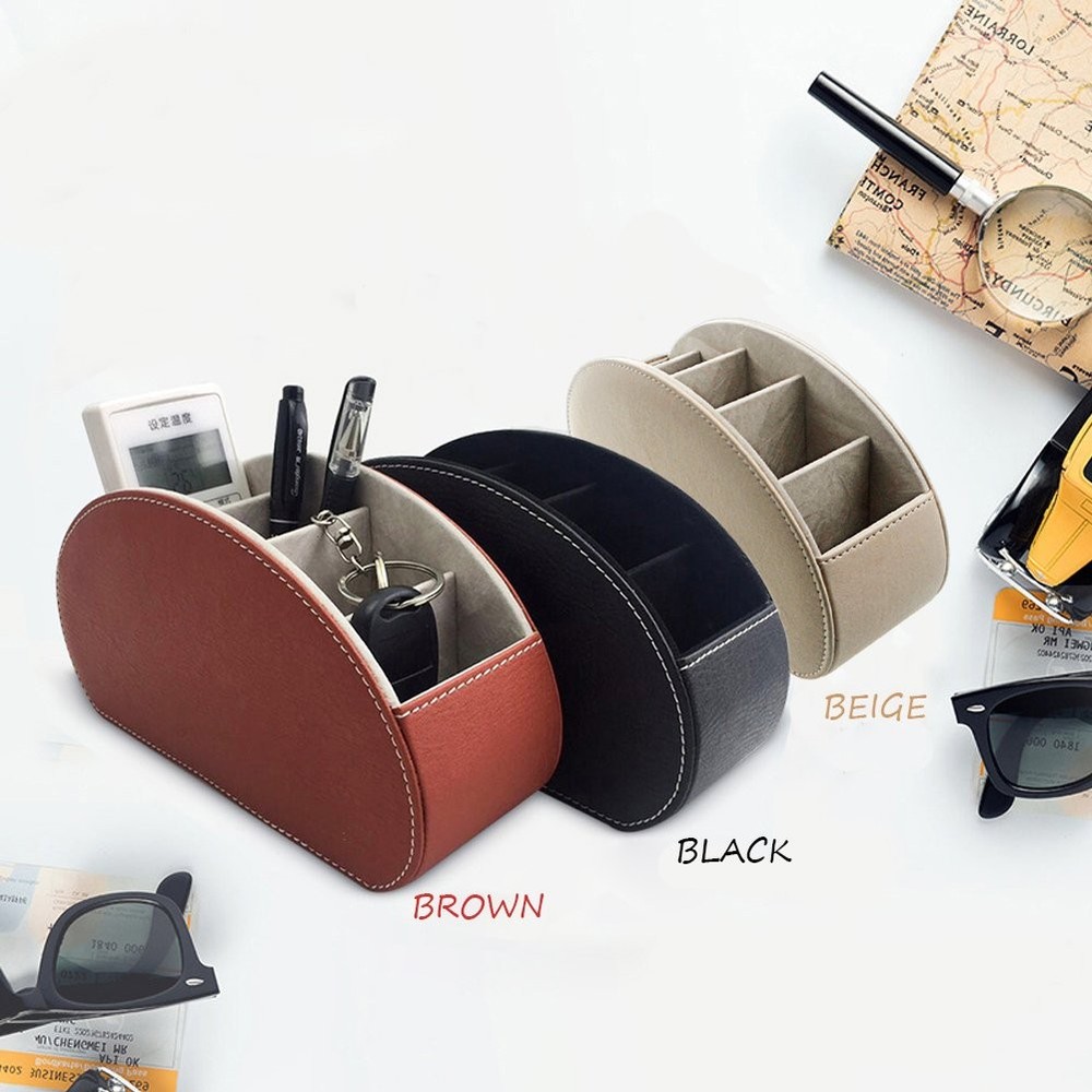 Beige Leather 5 Compartment Remote Control Holder Desk Storage Organizer Caddy