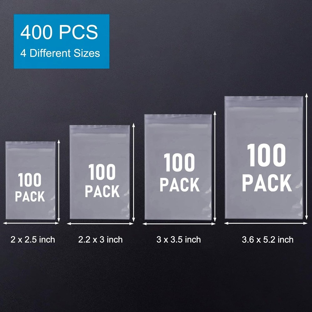 Small Plastic Bags, 400 PCS Mini Baggies, 4 Assorted Sizes, Transparent