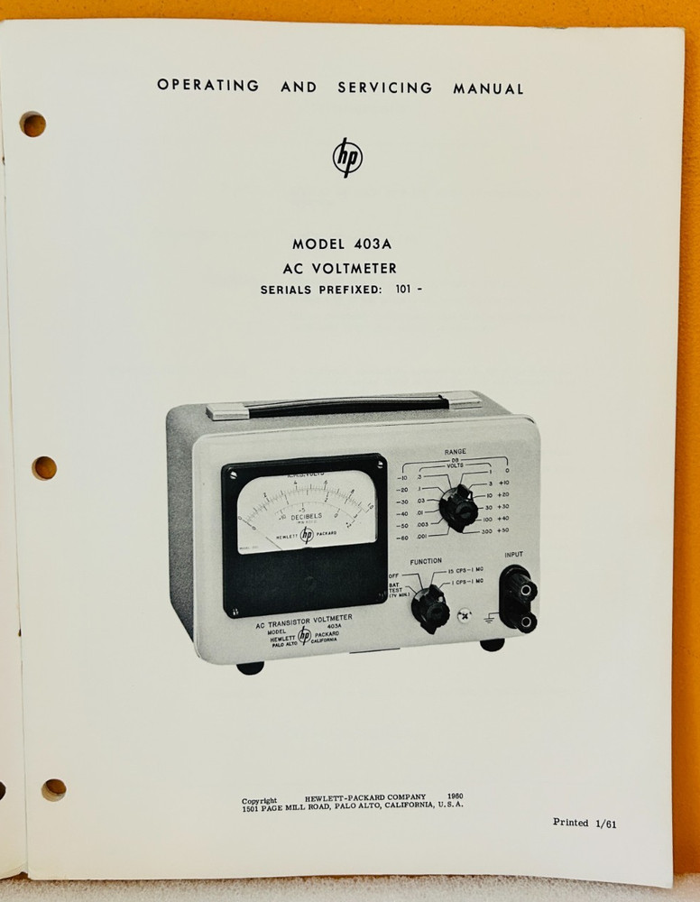 HP 00125-2 1961 Model 403A AC Voltmeter Operating & Service Manual.