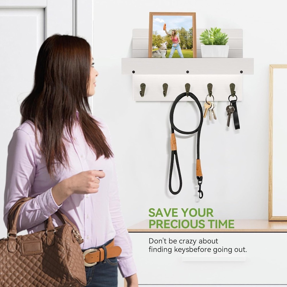 Wall Mounted Key Holder with Shelf & 5 Hooks - Mail Organizer Decor Storage