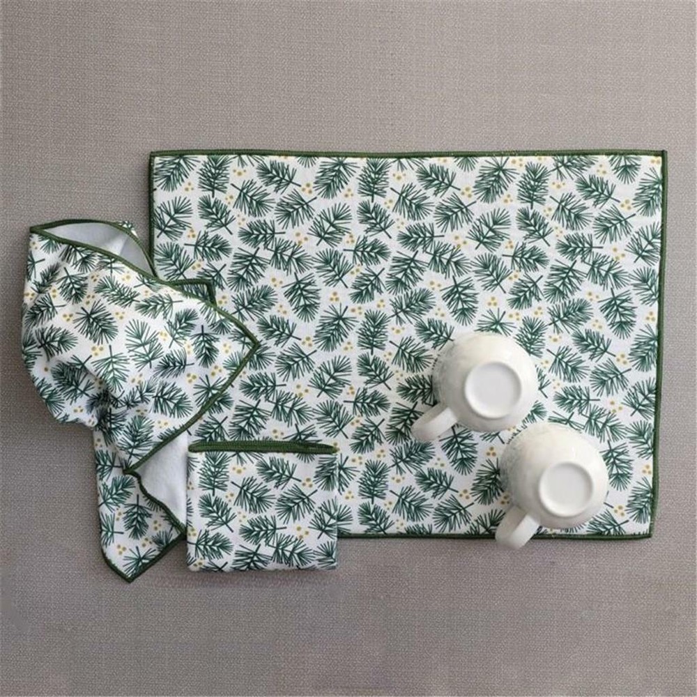 Fir Tree Boughs Sprigs Christmas 3 Pc Dish Drying Mat Towel Cloth Set