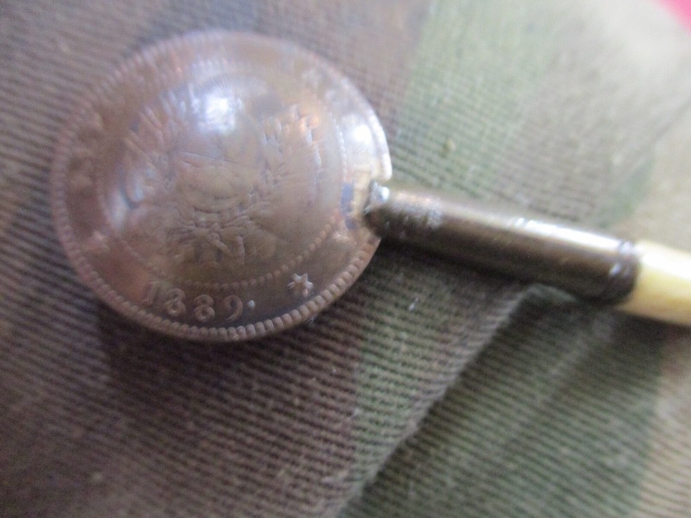 ANTIQUE SPOON 1889 MEXICO COPPER CENTAVO COIN WITH BONE HANDLE 5"
