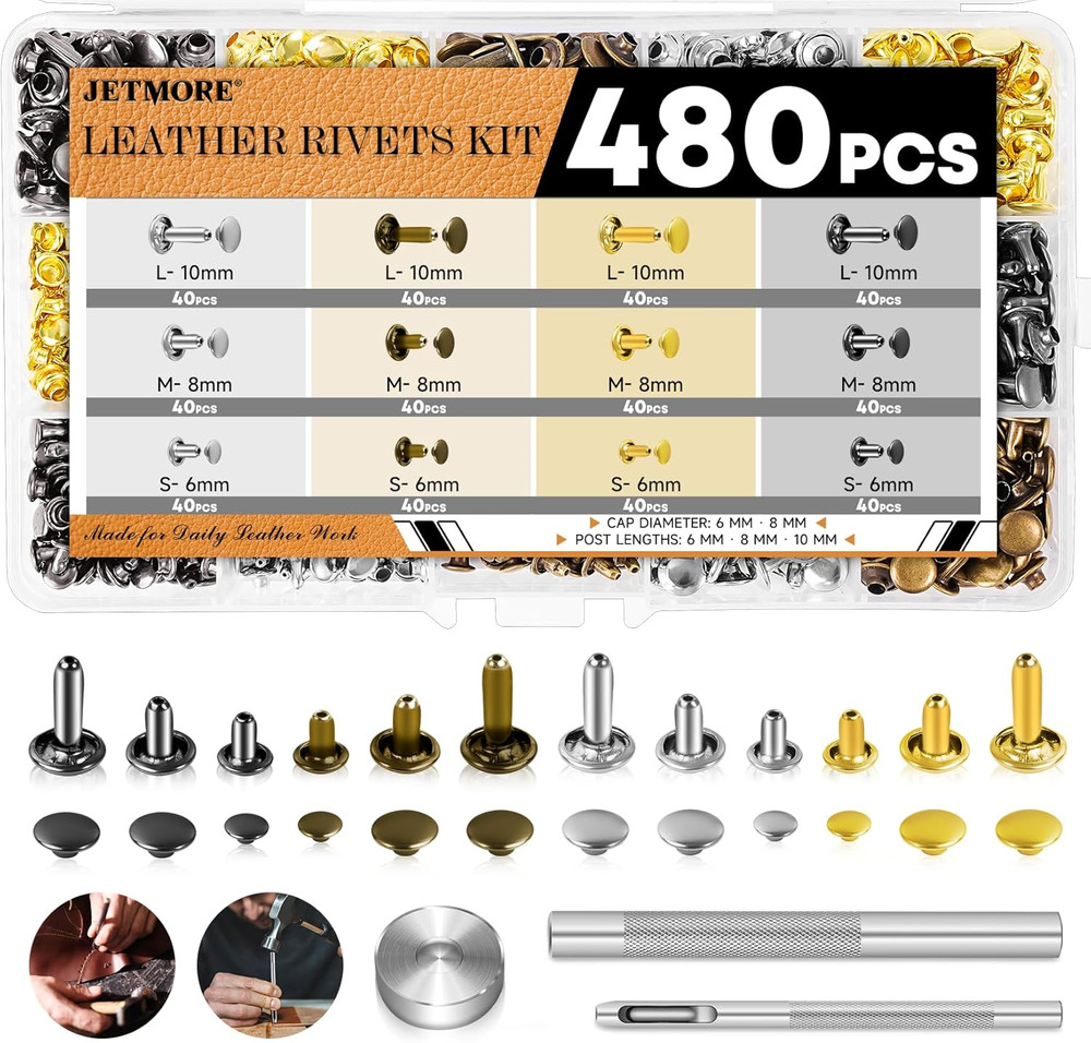 480 Pack Leather Rivets, Brass Rivets for Fabric, Leather Rivet Kit, Double Cap