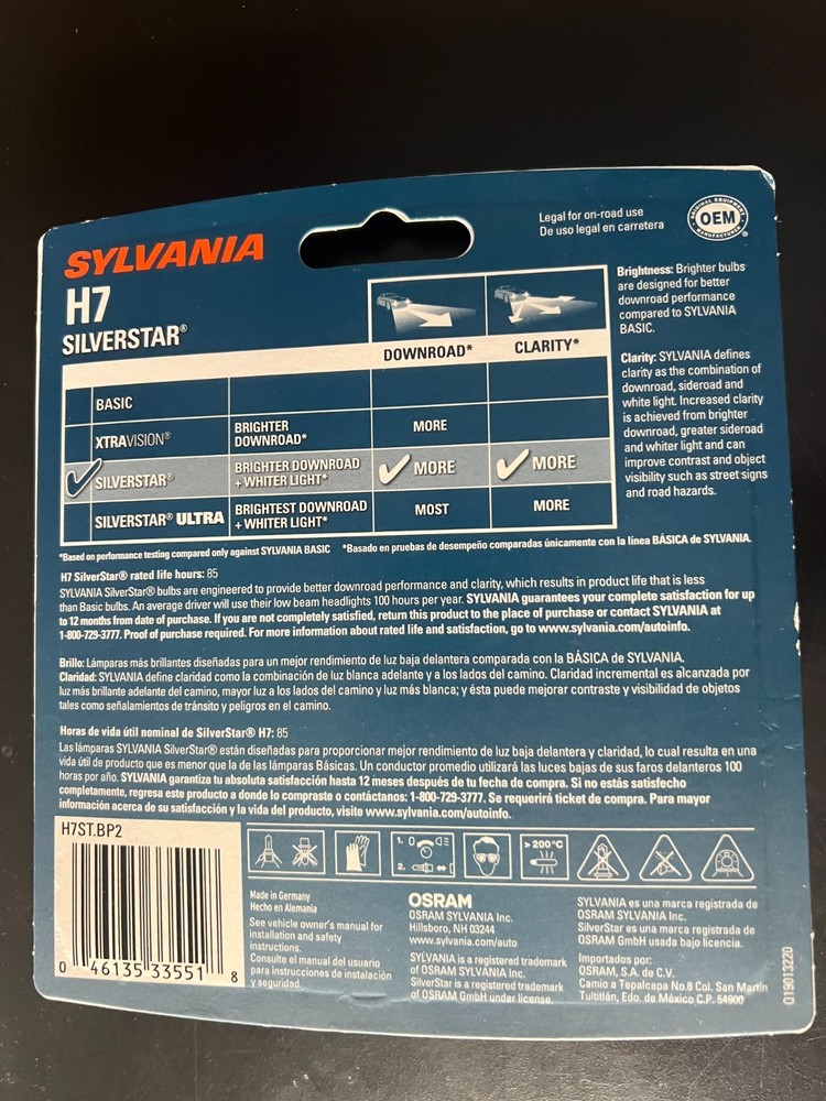 Sylvania H7 SilverStar High Performance Halogen Headlight Pair Set 2 Bulbs 5518