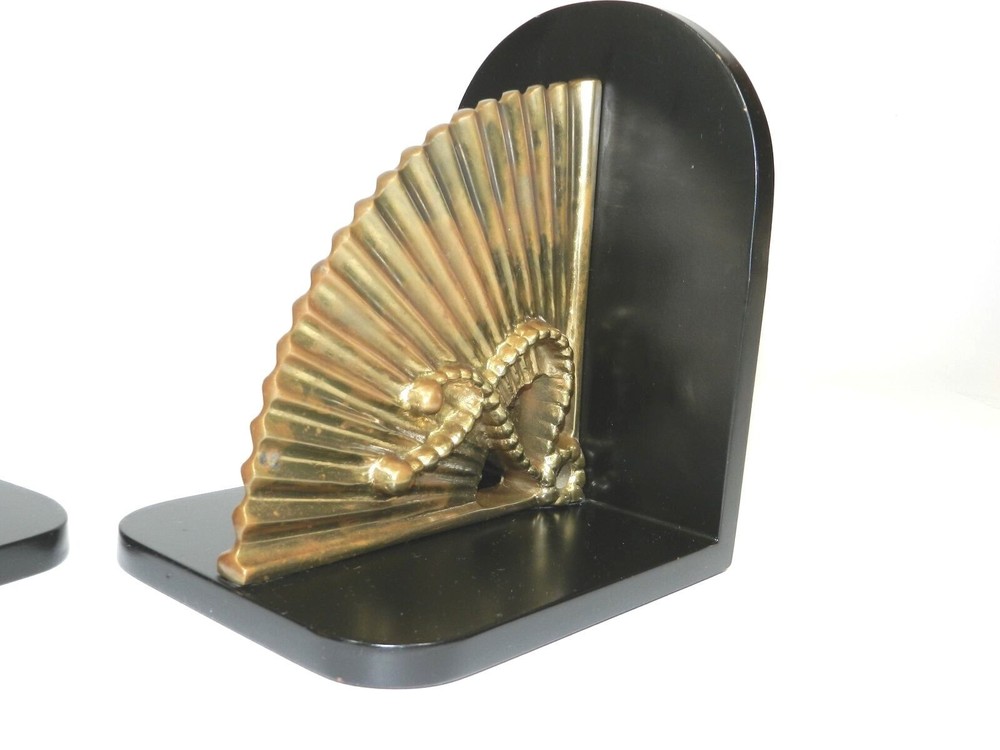 Black Lacquer Brass Fan Bookends Hollywood Regency Spain