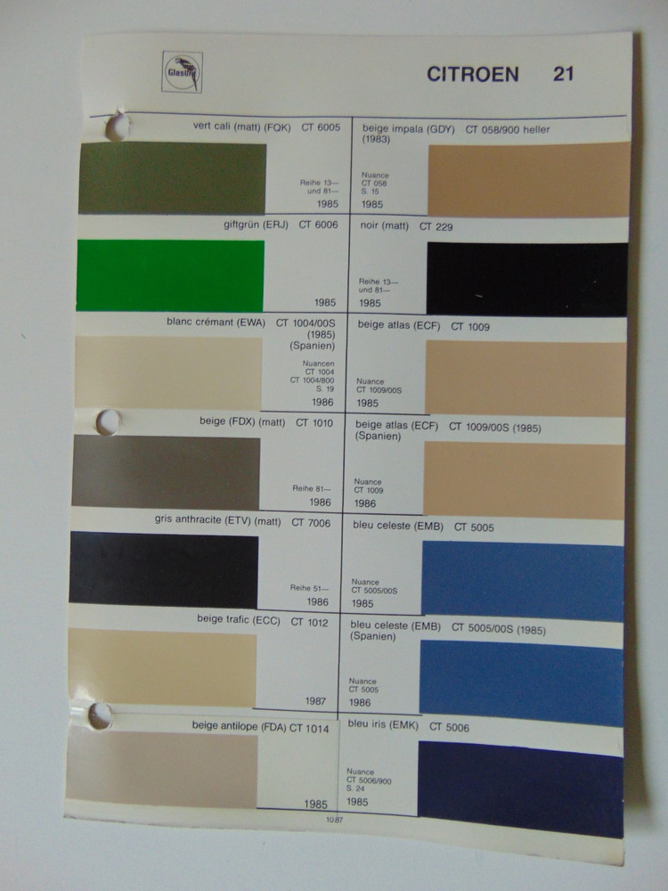 Original Glasurit Citroen Paint Chips Sheet - 1985-1987