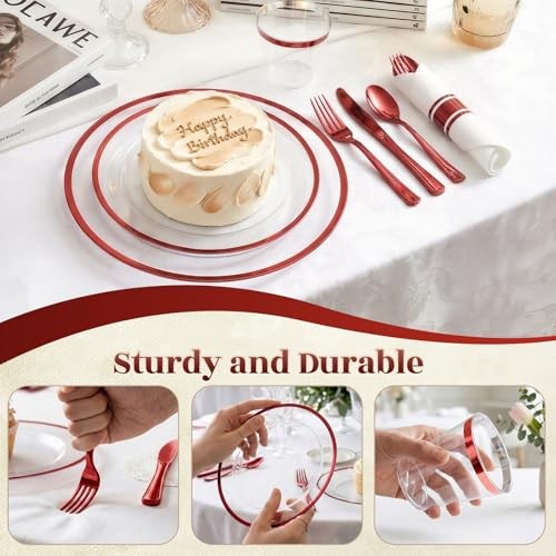 350pcs Plastic Dinnerware Set,Clear and Disposable Plastic 350pcs（50guests） Red