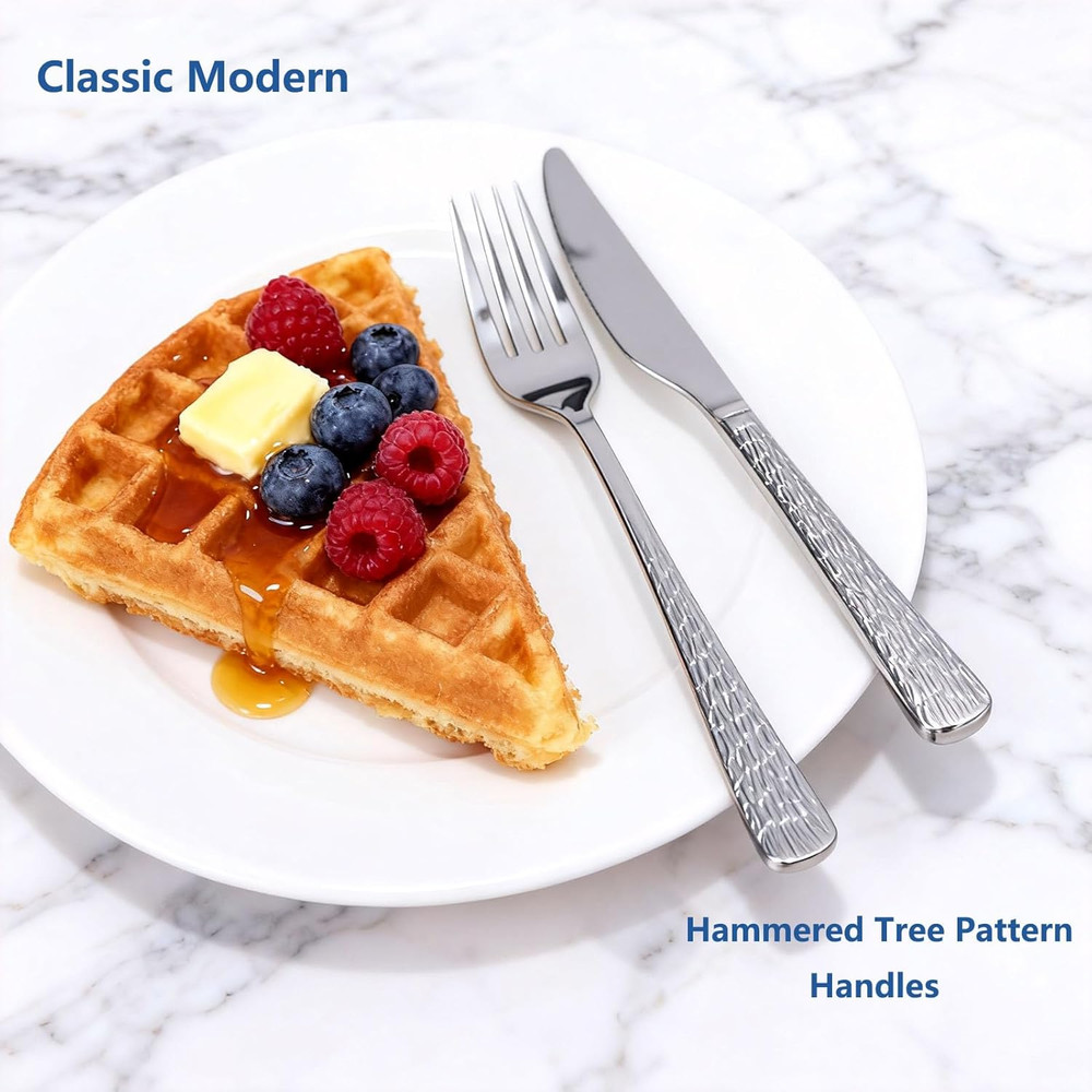 60-Piece Hammered Silverware Set for 12 Stainless Steel Flatware Tree Pattern ..