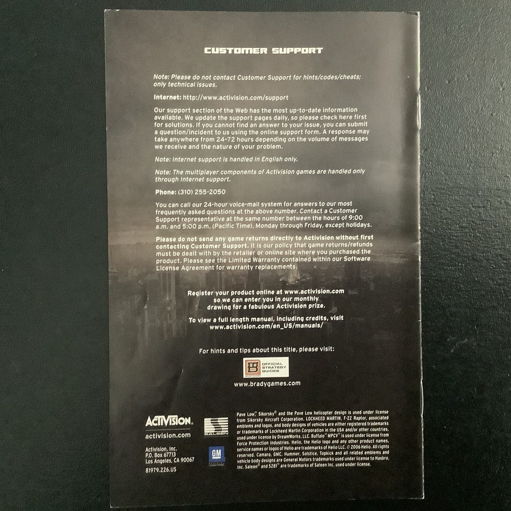 Transformers: The Game Microsoft Xbox 360 Instruction Manual Only