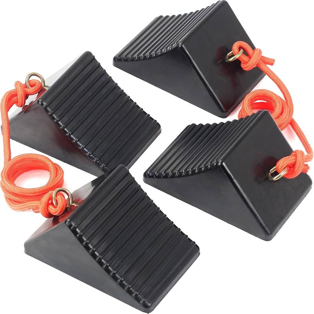 Heavy Duty Rubber Wheel Chocks with Eyebolt, Solid 4-Pack (8x5x4)