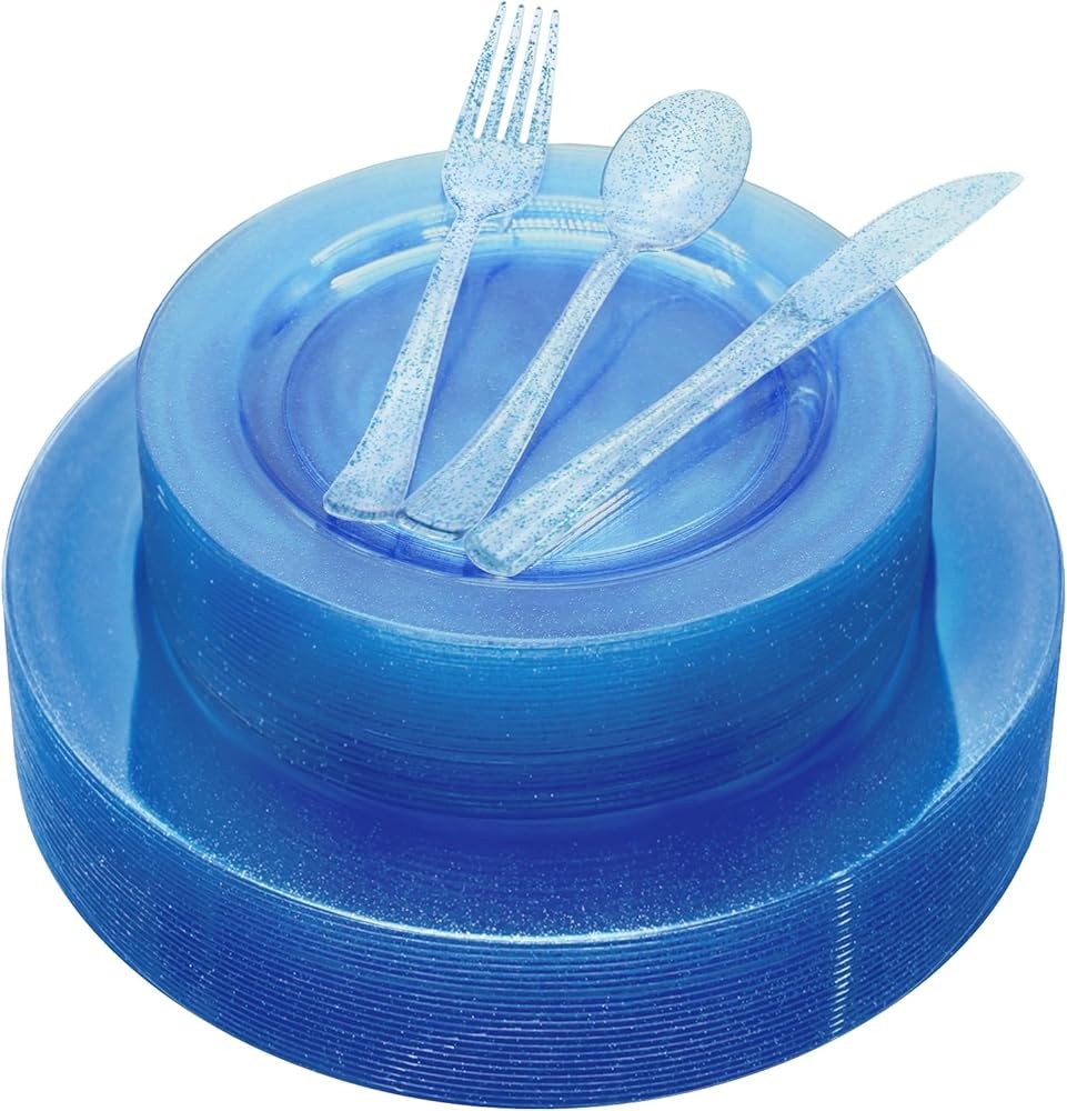 Blue Plastic Plates with Blue Plastic Sierware Heavy Duty, Disposable