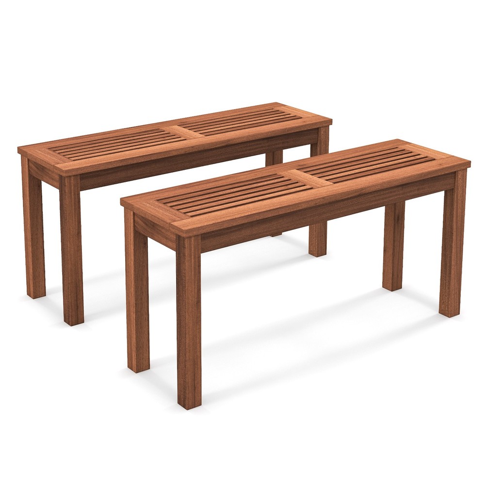 2 PCS Patio Backless Bench 2-Seater Outdoor Dining Bench Solid Wood Backyard