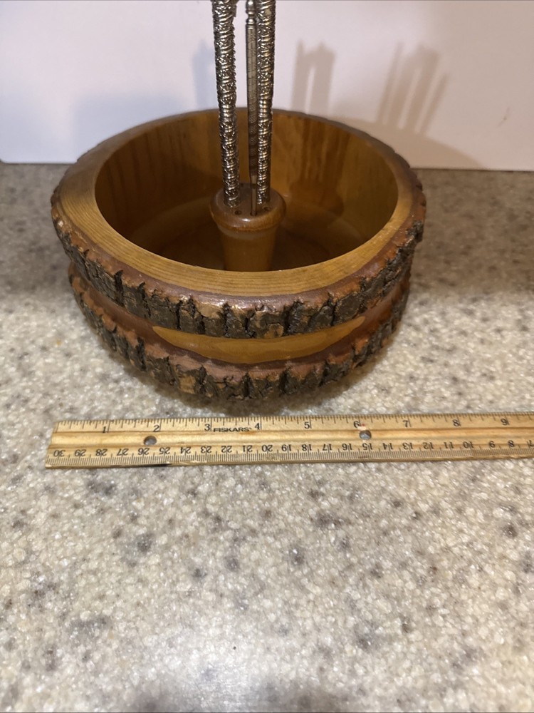 Vintage Rustic Ware Nut Cracker Bowl, Tree Bark, With 3 Picks And Nut Cracker