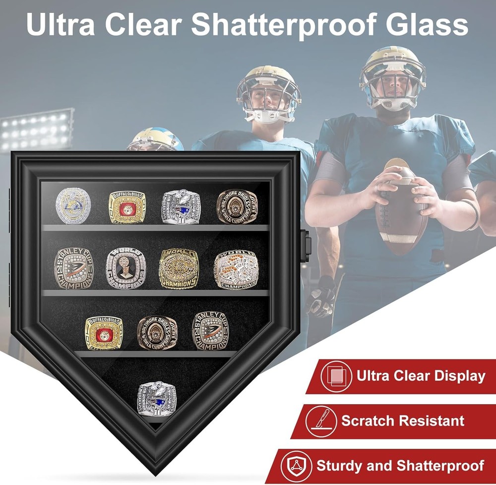 Championship Ring Display Case, 12 Posts Baseball 12 Posts-Pentagon, Black