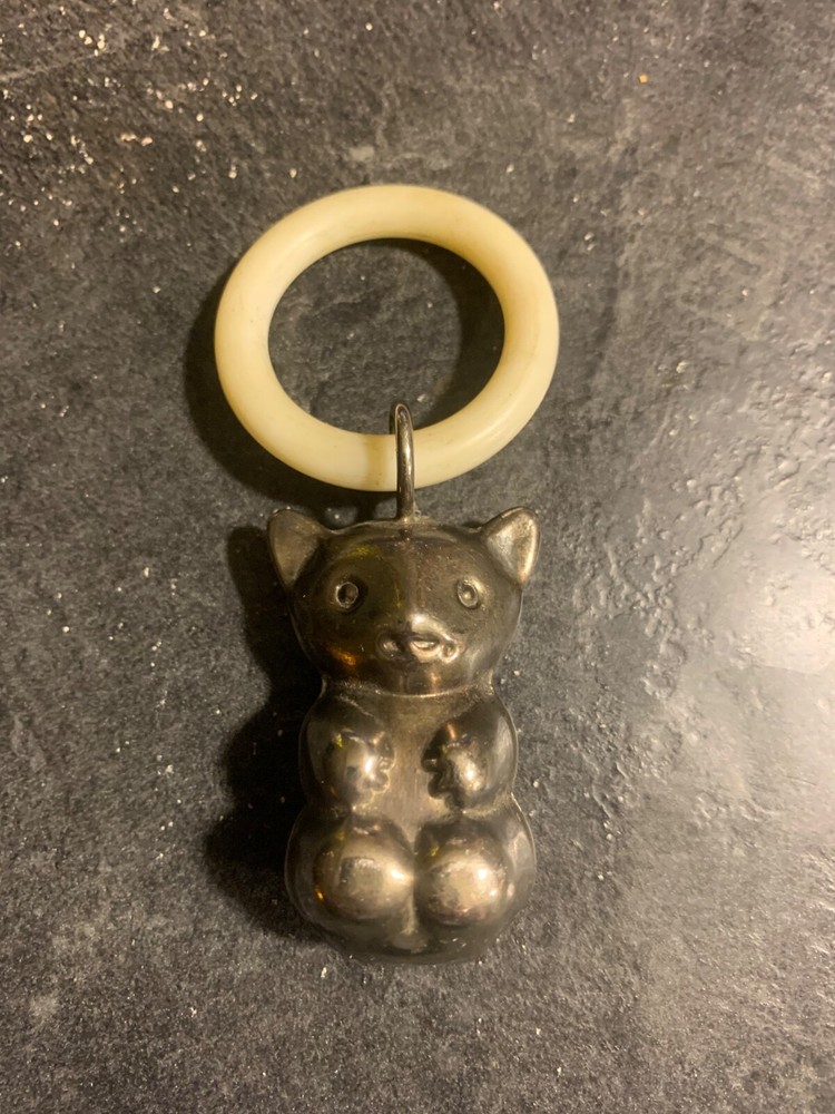 Antique Silver Teething Ring Teddy Bear