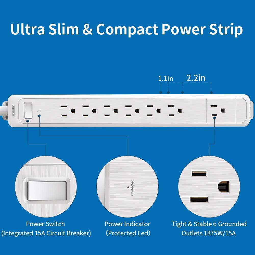 Surge Protector Power Strip 7 Outlets Flat Plug 15ft 1080J White