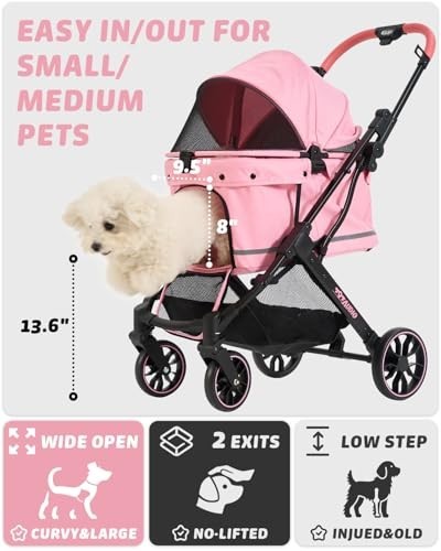 Foldable Dog Stroller for Small Medium Pets, 4-Wheel Shock Absorption, Adjustabl