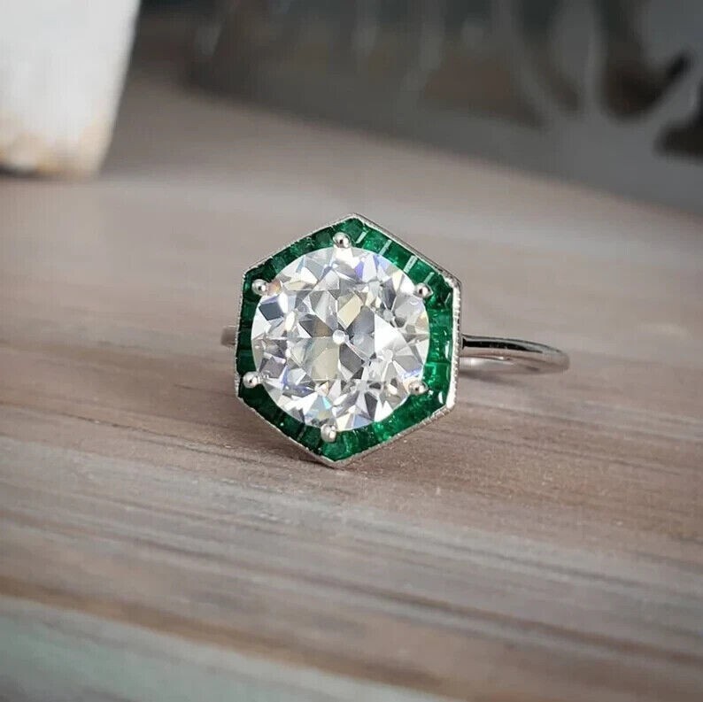 3.18 Ct Art Deco Style Lab Created Diamond & Emerald Engagement Ring 925 Silver