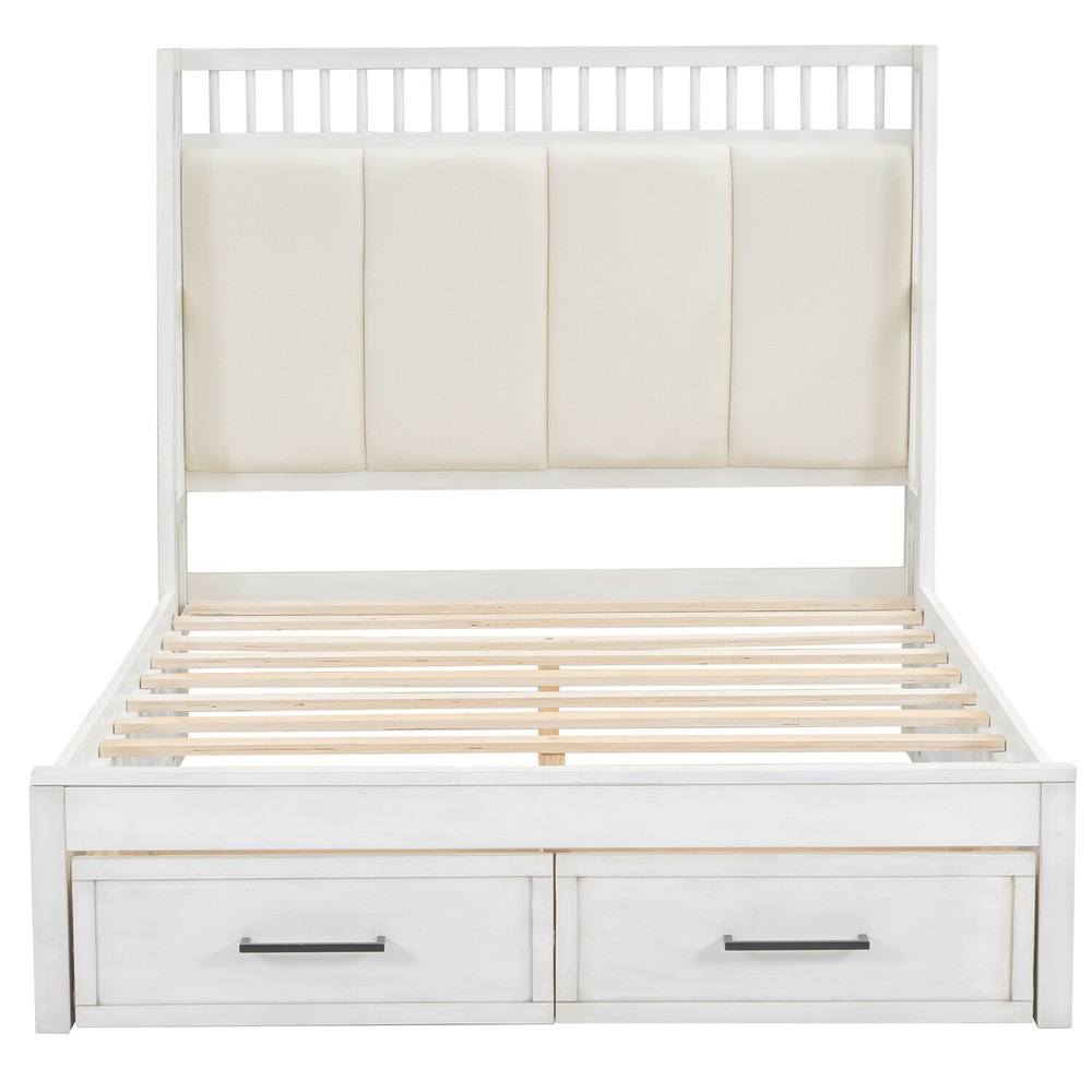 Full/Queen Size Bed Frame Upholstered Platform Bed Frame w/ 2 Drawers White