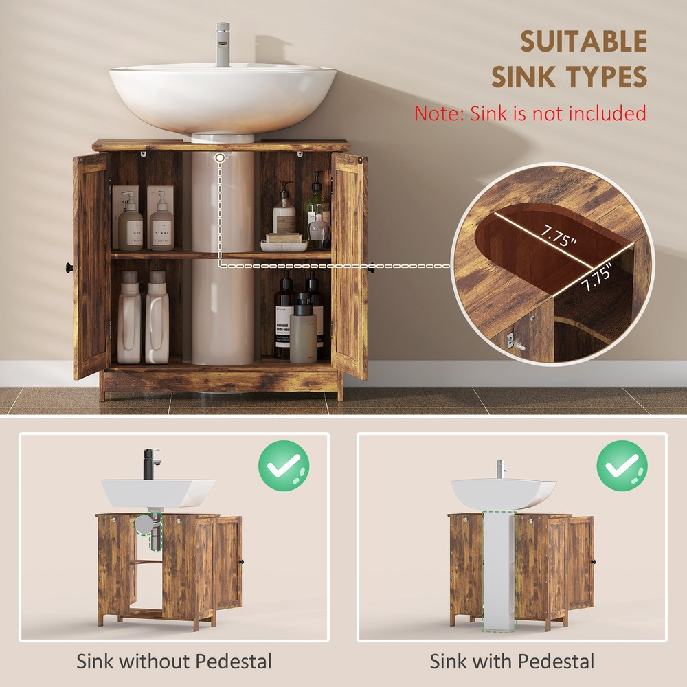 Under Sink Bathroom Cabinet with 2 Doors and Shelf, Rustic Brown