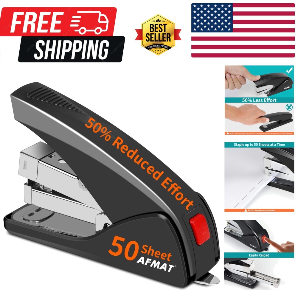 Durable Black Stapler - 50 Sheets Capacity, Built-In Remover for Effortless Use